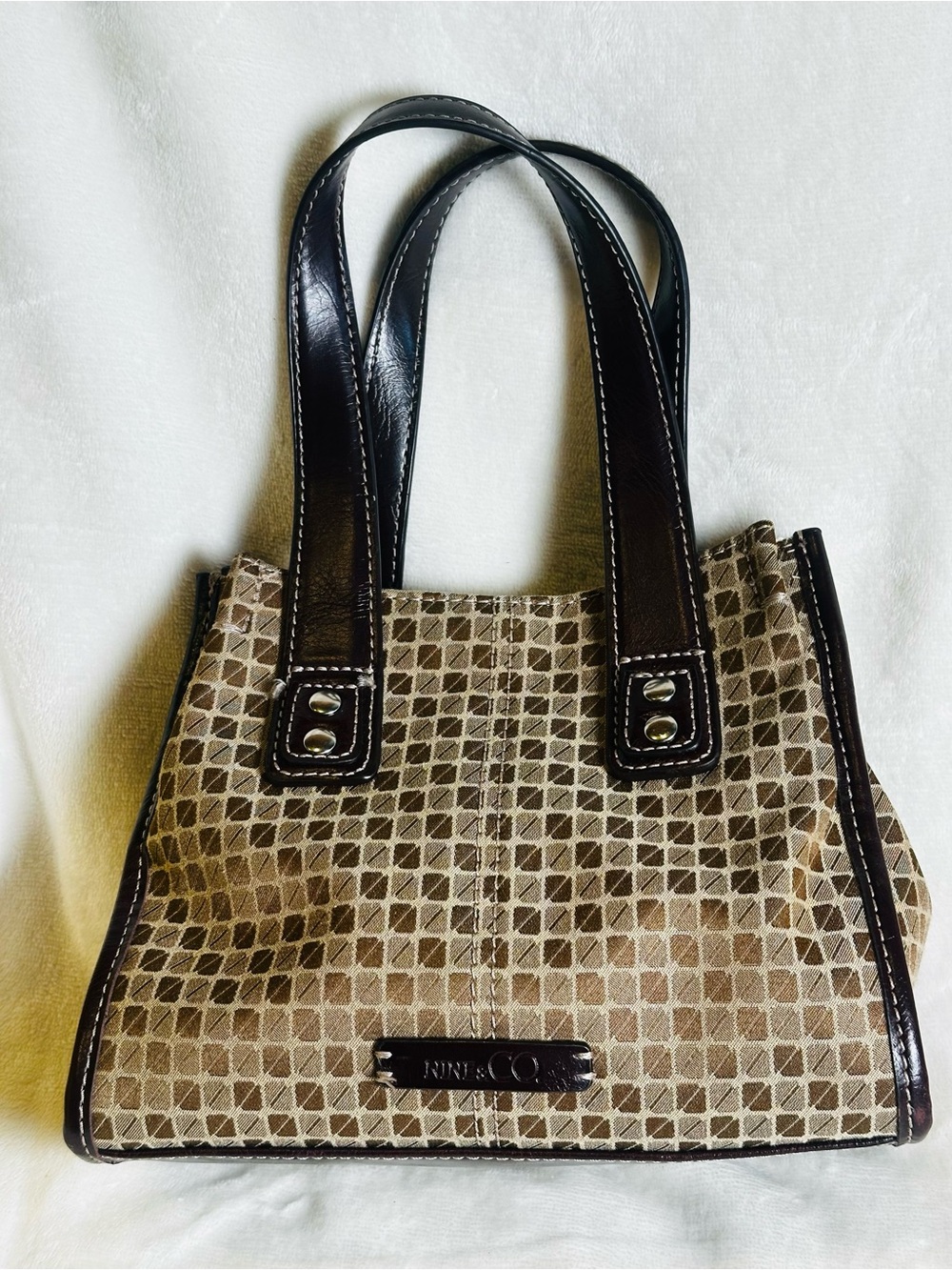 Nine & Co Mini Tote Bag Brown/Tan Geometric Square Pattern Faux Leather Trim Y2K